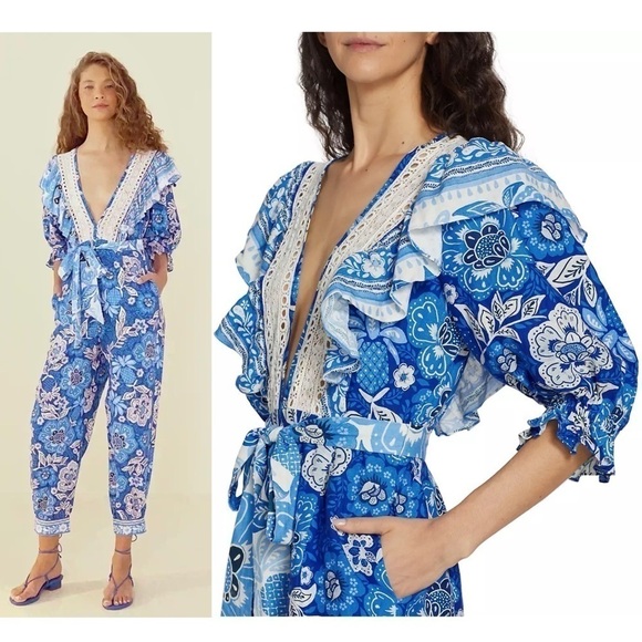 FARM RIO Linen Floral Paisley Puff Sleeve Ruffle Lace V-Neck Tie Belt Jumpsuit S - Picture 7 of 16